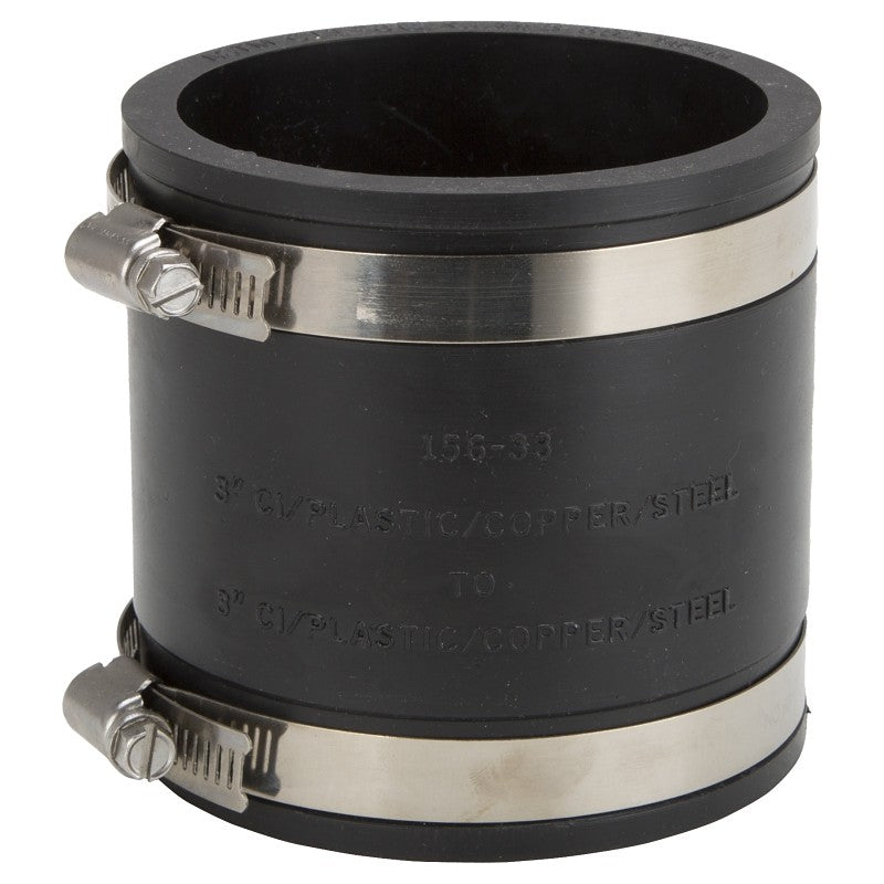 ProSource FC56-33 Coupling, 3 x 3 in, Cast Iron, Plastic and Steel Drain Pipes, PVC, Black