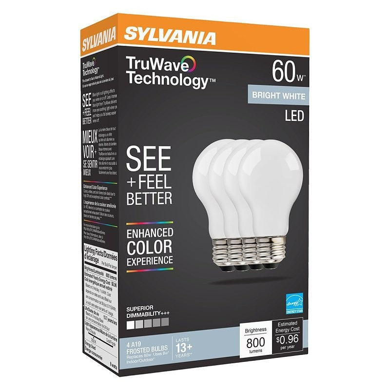 Sylvania Natural 41295 LED Bulb, A19 Lamp, 60 W Equivalent, E26 Medium Lamp Base, Dimmable, Frosted