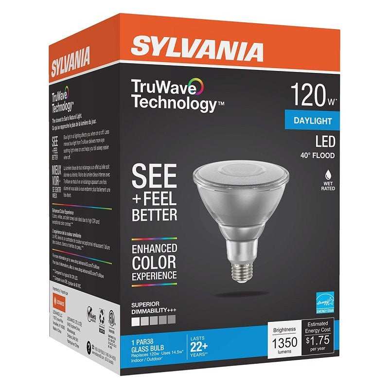 Sylvania 40906 Natural LED Bulb, Spotlight, PAR38 Lamp, 90 W Equivalent, E26 Lamp Base, Dimmable, Clear, Daylight Light