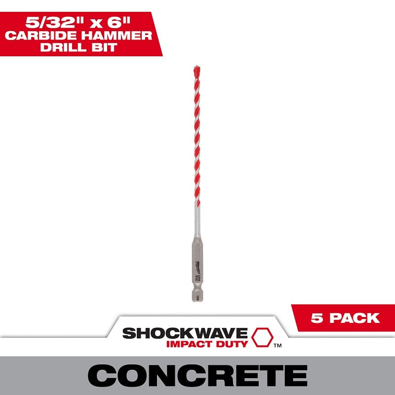 Milwaukee SHOCKWAVE 48-20-9155 Drill Bit, 5/32 in Dia, 6 in OAL, Precision Ground, Wide Flute, 1/4 in Dia Shank (Pack of 3)