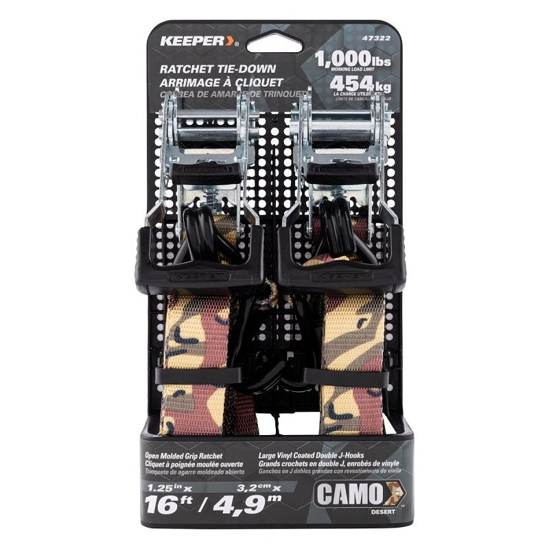 Keeper 47322 Ratchet Tie-Down with Open Handle, 1-1/4 in W, 16 ft L, Camo, 1000 lb Working Load, J-Hook End