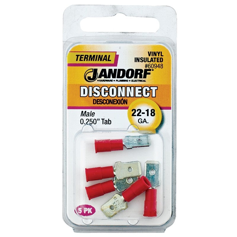 Jandorf 60948 Disconnect Terminal, 22 to 18 AWG Wire, Vinyl Insulation, Copper Contact, Tin, 5/PK