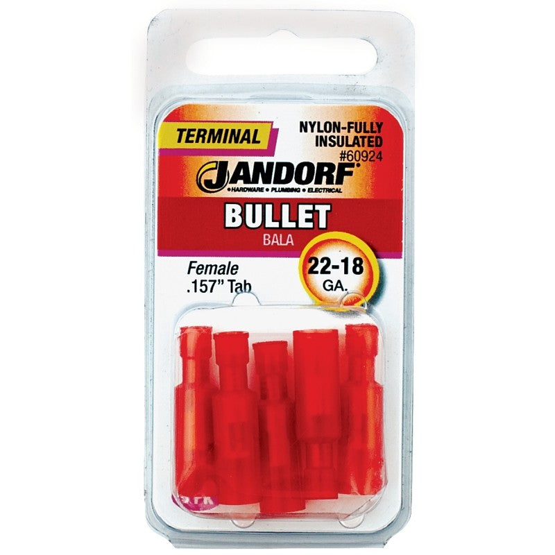 Jandorf 60924 Bullet Terminal, 600 V, 22 to 18 AWG Wire, Nylon Insulation, Copper Contact, Red, Tin, 5/PK