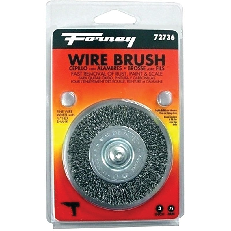 Forney 72736 Wire Wheel Brush, 3 in Dia, 0.008 in Dia Bristle