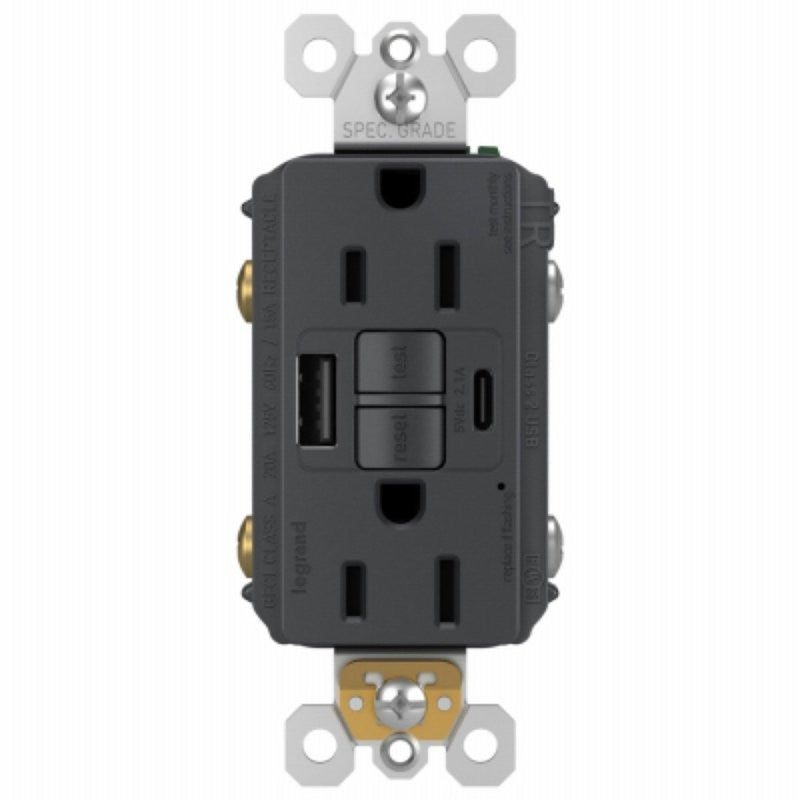 Legrand radiant® 1597TRUSBACGC4 Self-Test GFCI USB Outlet, 2-Pole, 15/2.1 A, 125 VAC, 1-Gang, 2-USB Port, Graphite