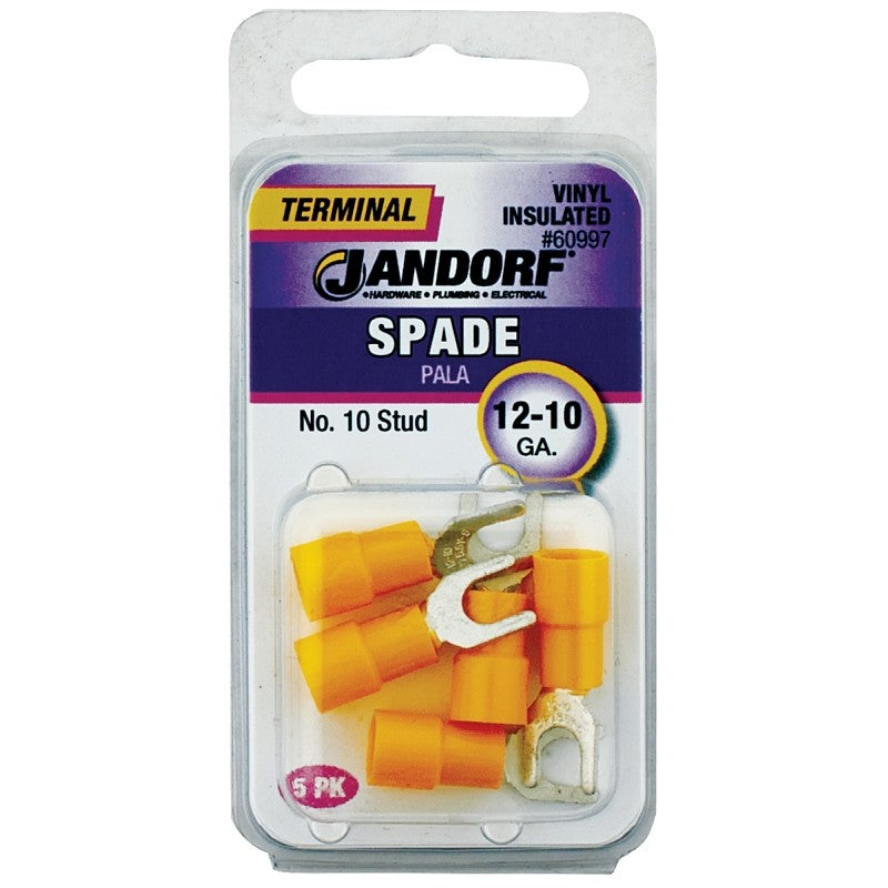 Jandorf 60997 Spade Terminal, 600 V, 12 to 10 AWG Wire, #10 Stud, Vinyl Insulation, Copper Contact, Yellow
