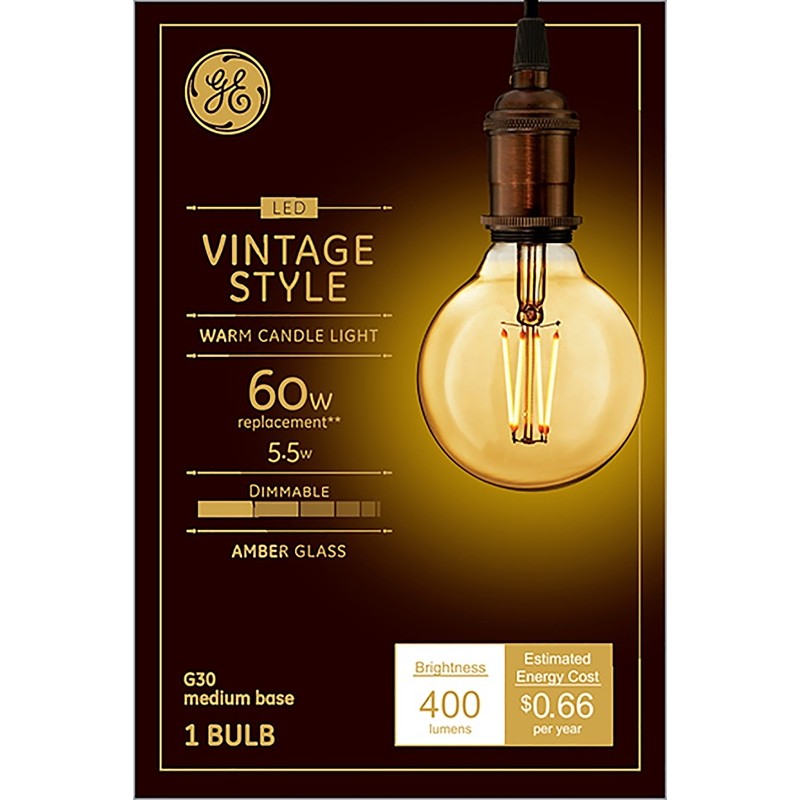 GE 42183 Light Bulb, Vintage, G30 Lamp, 60 W Equivalent, Medium (E26) Lamp Base, Dimmable, Amber, Warm White Light