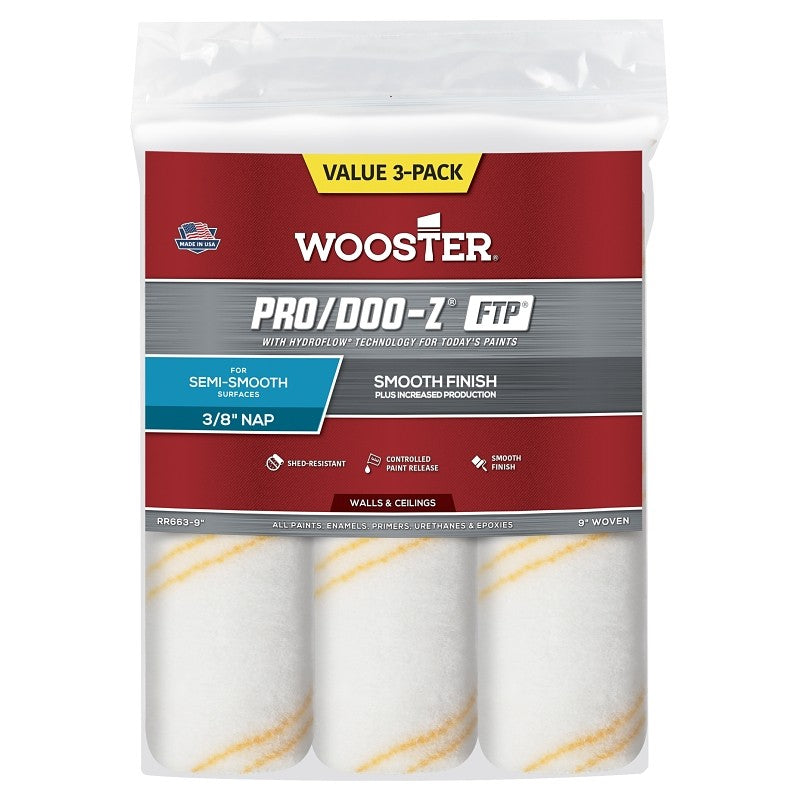 Wooster RR663-9 Roller Cover, White, 3/8 in Thick Nap, 9 in L, Woven Fabric Cover, 3/PK