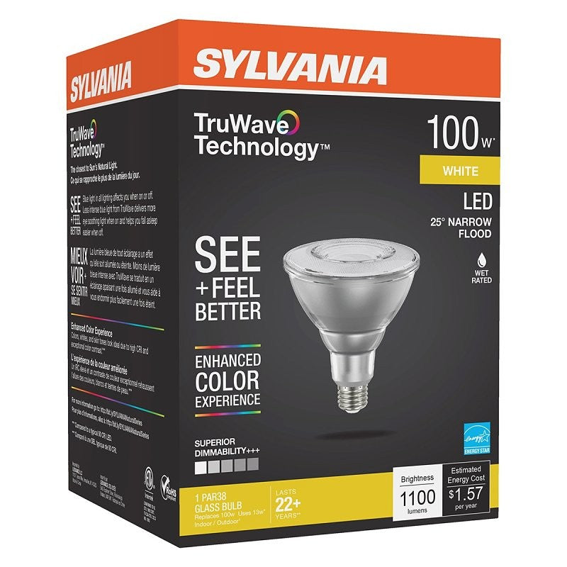 Sylvania 40899 Natural LED Bulb, Spotlight, 1100 Lumens, 13 W, PAR38 Lamp, E26 Lamp Base, Dimmable, Clear, Cool White