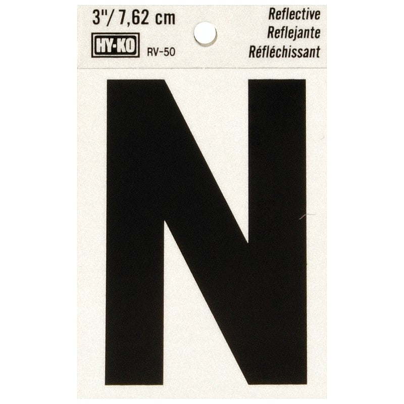 Hy-Ko RV-50/N Reflective Letter, 2-1/2 in W x 4 in H Dimensions, Character: N, 3 in H Character, Black Character, Vinyl