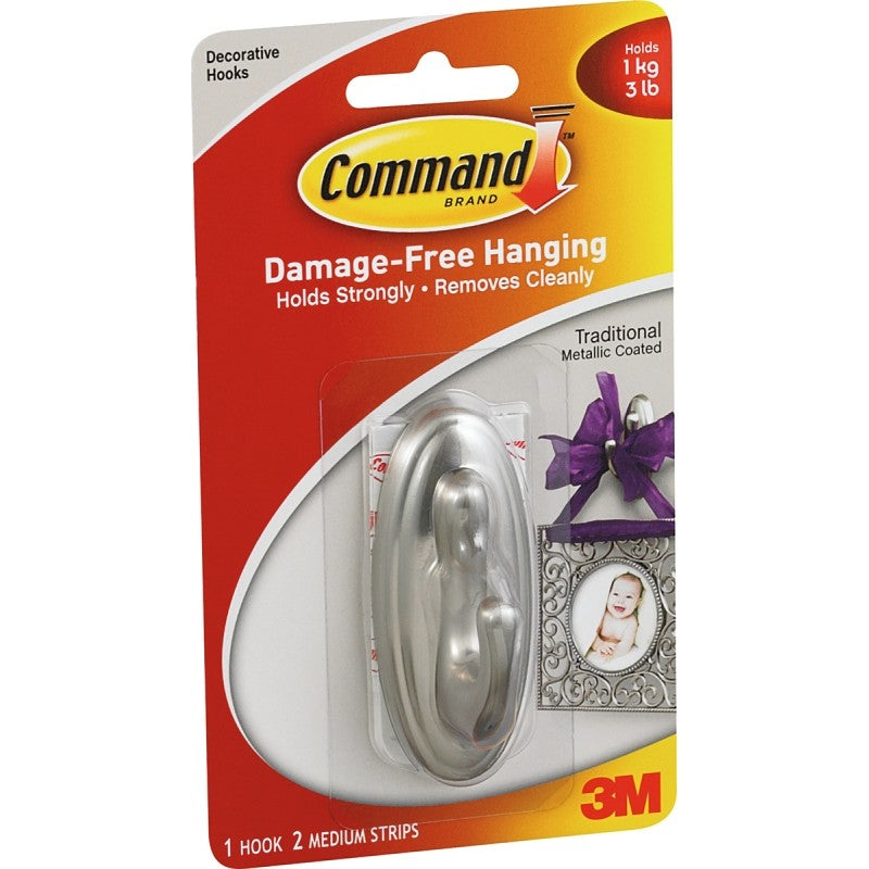 Command 17051BN Decorative Hook, 3-1/8 in L x 1-1/4 in W x 1-1/2 in H Dimensions, 3 lb, 1-Hook, Plastic, Silver