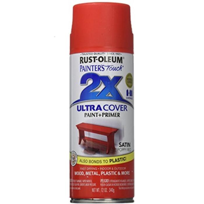 Rust-Oleum Painter's Touch 2X Ultra Cover 334084 Spray Paint, Satin, Poppy Red, 12 oz, Aerosol Can