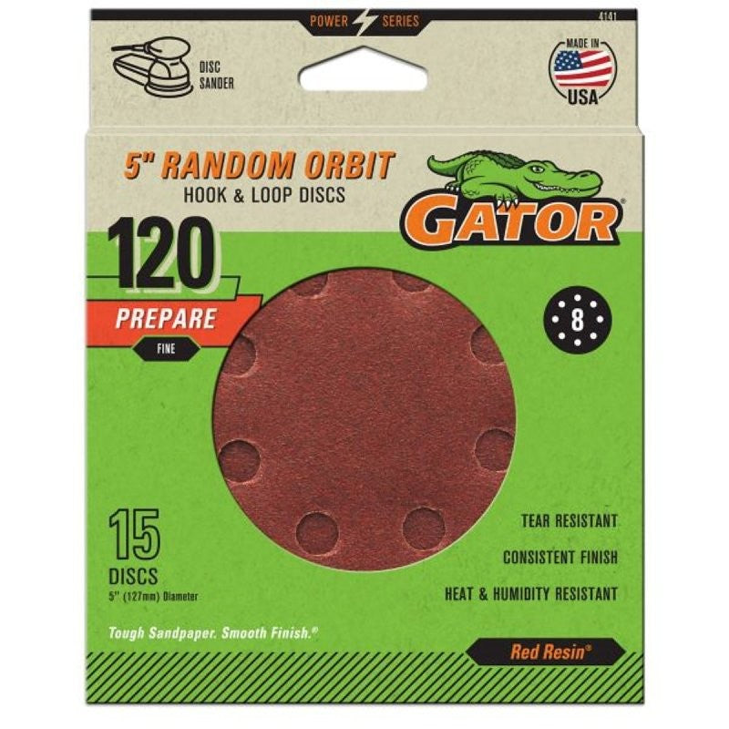 Gator 4141 Sanding Disc, 5 in Dia, 120 Grit, Fine, Aluminum Oxide Abrasive, Vented, 15/PK