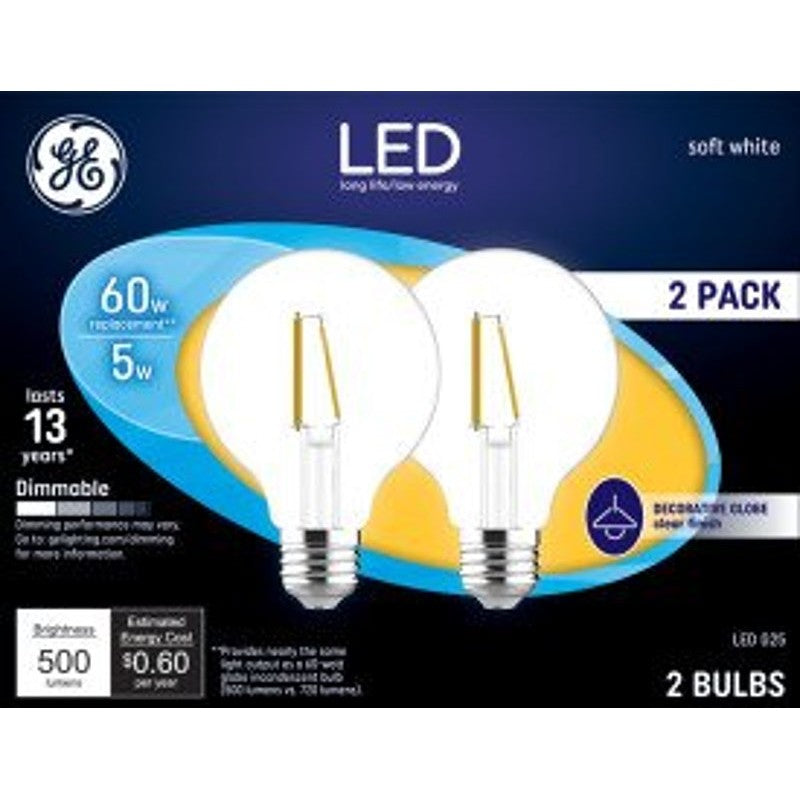 GE 23344 LED Bulb G25 Lamp, 60 W Equivalent, E26 Medium Lamp Base, Dimmable, Clear, Soft White Light