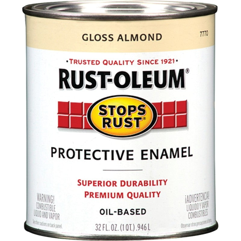 Rust-Oleum Stops Rust 7770502 Enamel Paint, Oil, Gloss, Almond, 1 qt, Can, 50 to 90 sq-ft/qt Coverage Area