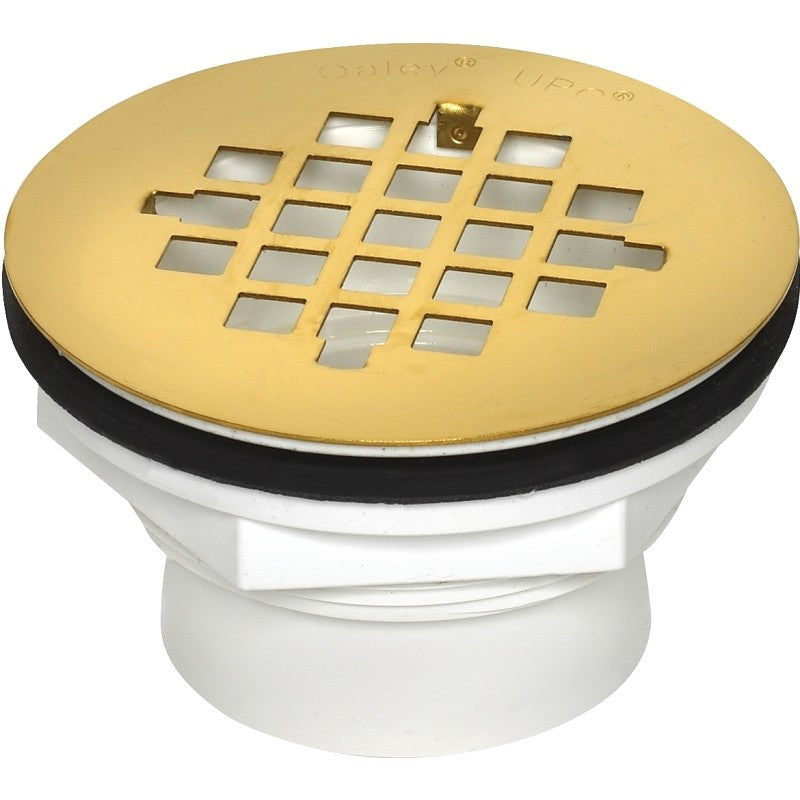 Oatey 42078 PVC Shower Drain with Polished Brass Strainer, PVC, White, For: 2 in SCH 40 DWV Pipes