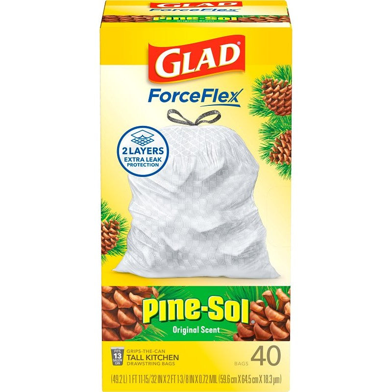 Glad ForceFlex Series 22372 Pine-Sol Scented Trash Bag, 13 gal, Plastic, White