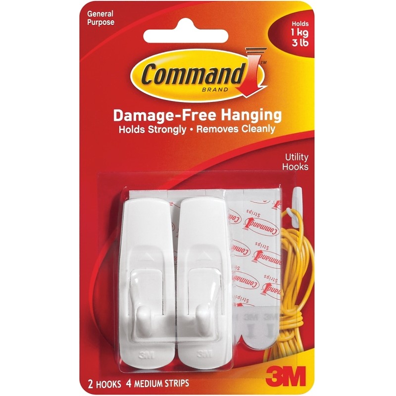 Command 17001 Utility Hook, 3 lb, 2-Hook, Plastic, White