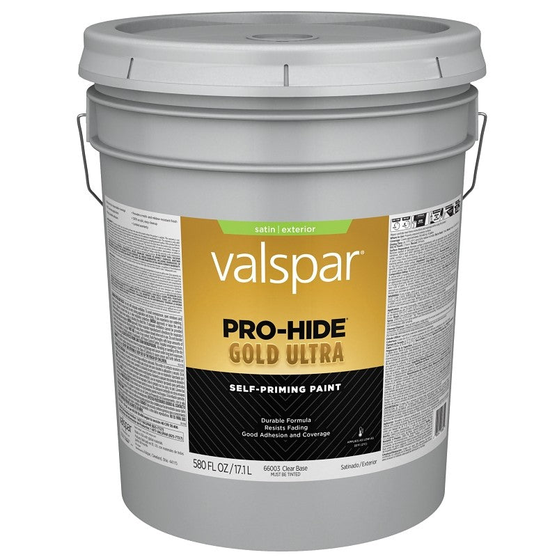 Valspar Pro-Hide Gold Ultra 6600 028.0066003.008 Latex Paint, Acrylic Base, Satin Sheen, Clear Base, 5 gal