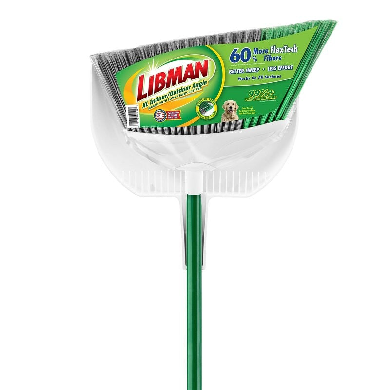 Libman Precision Angle 212 Broom, 15 in Sweep Face, 6-1/2 in L Trim, Fiber Bristle, Green/Gray Bristle