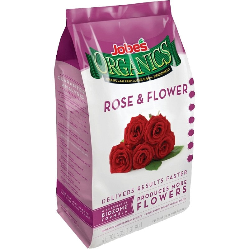 Jobes 09426 Rose and Flower Organic Plant Food, 4 lb Bag, Granular, 3-4-3 N-P-K Ratio