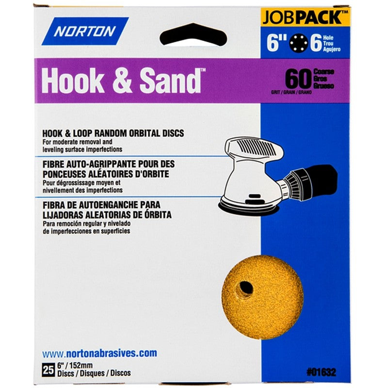 Norton Hook & Sand Series 07660701632 Vacuum Disc, 6 in Dia, P60 Grit, Coarse, Aluminum Oxide Abrasive, Paper Backing