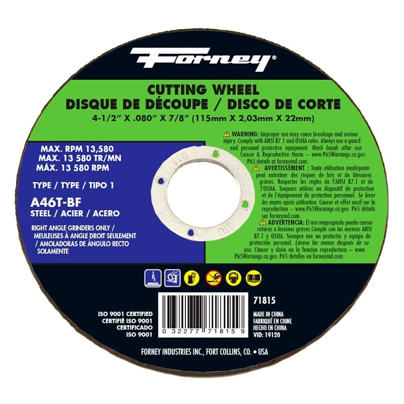 Forney 71815 Cut-Off Wheel, 4-1/2 in Dia, 0.08 in Thick, 7/8 in Arbor, 50 Grit, Coarse, Aluminum Oxide Abrasive
