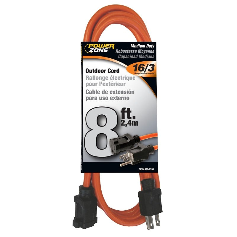 PowerZone OR501608 Extension Cord, 16 AWG Cable, 5-15P Grounded Plug, 5-15R Grounded Receptacle, 8 ft L, 125 V