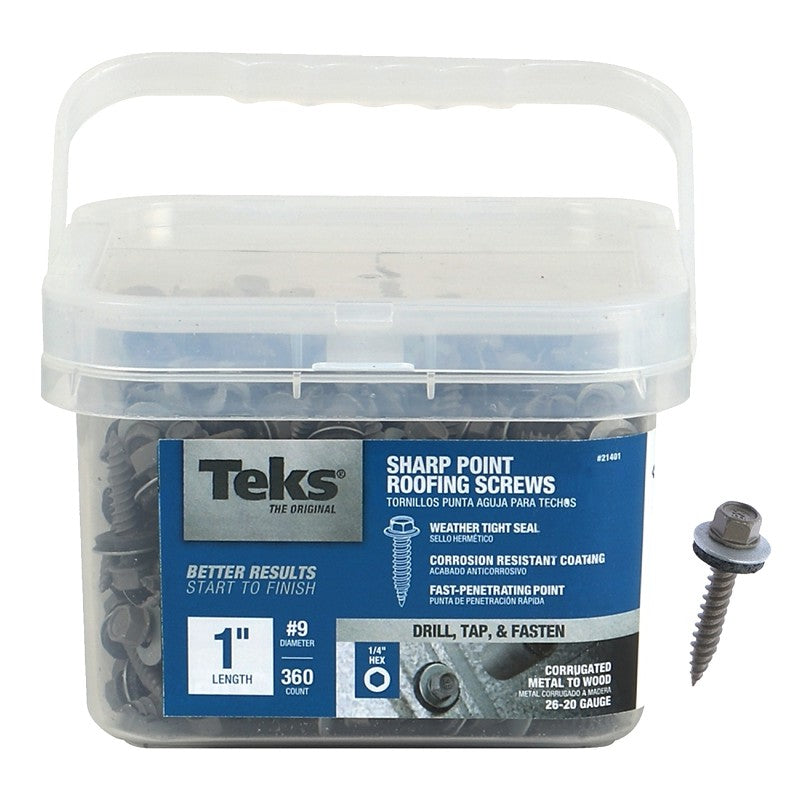 Teks 21401 Roofing Screw, #9 Thread, Hex Drive, Self-Tapping, Sharp Point, Steel, Metallic