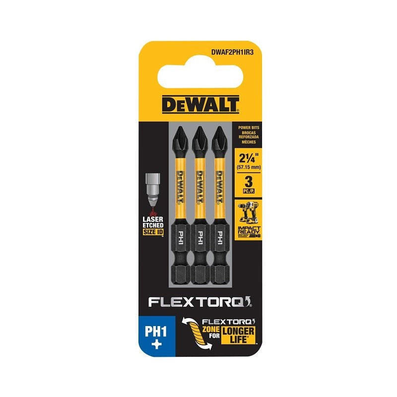 DEWALT FLEXTORQ DWAF2PH1IR3 Impact Screwdriving Bit, #1 Drive, Phillips Drive, 1/4 in Shank, Hex Shank, 2-1/4 in L