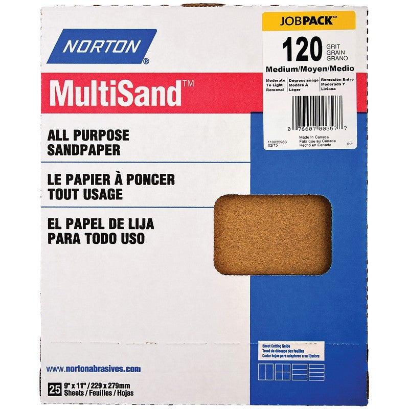 Norton Adalox 07660700159 Sanding Sheet, 11 in L, 9 in W, Medium, 120 Grit, Aluminum Oxide Abrasive, Paper Backing (Pack of 100)