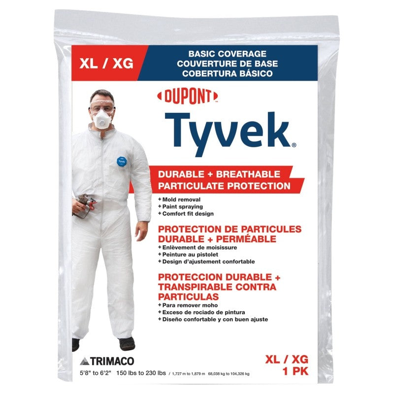 Trimaco 14123 Professional Painter's Coveralls, XL, Zipper Closure, Tyvek, White