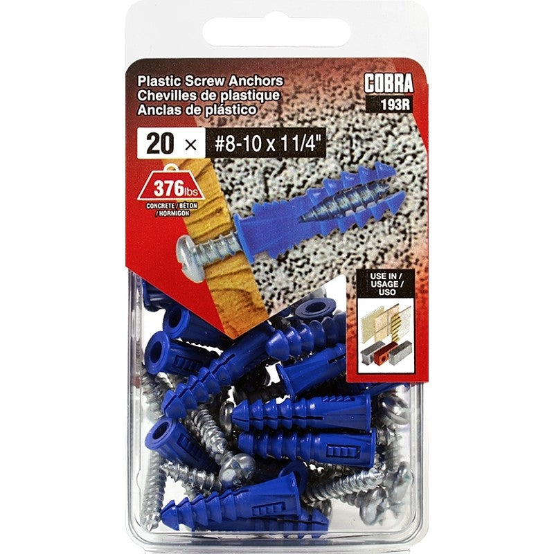 Cobra Anchors 193R Screw Anchor, #8-10 Thread, 1-1/4 in L, Polyethylene, 175 lb, 20/PK