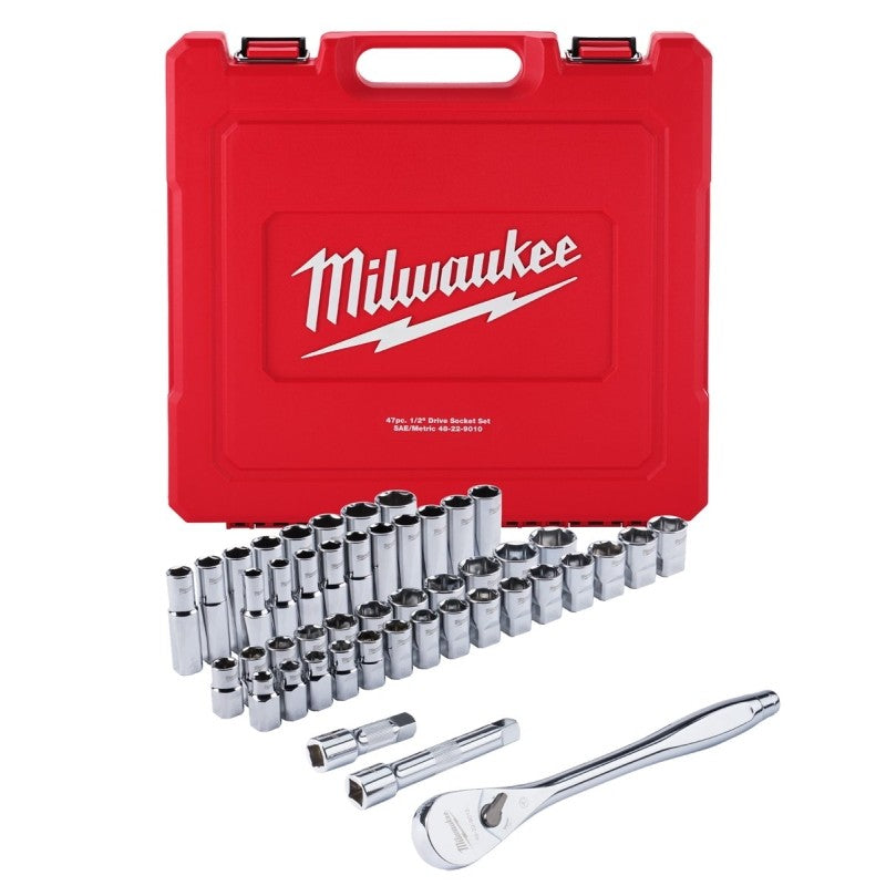 Milwaukee 48-22-9010 Ratchet and Socket Set, Alloy Steel, Specifications: 1/2 in Drive Size, SAE, Metric Measurement