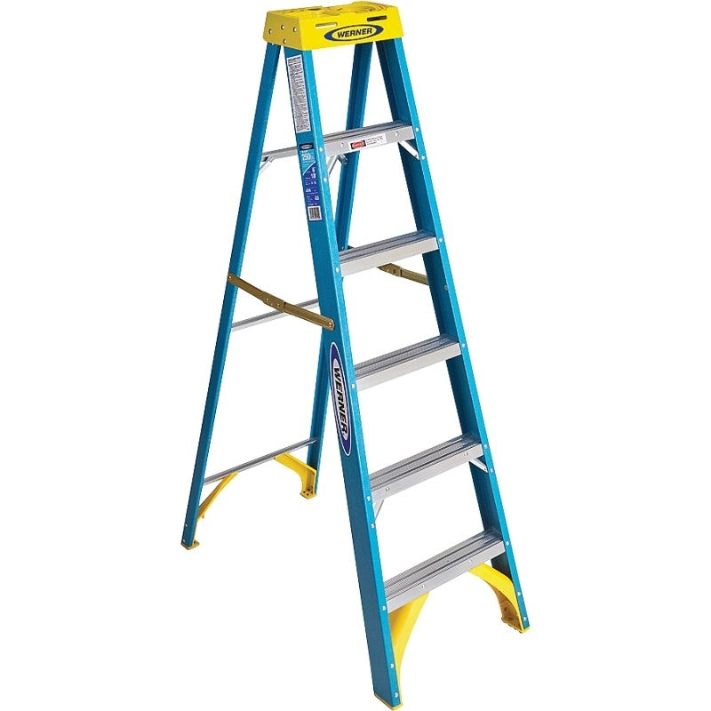 Werner 6006 Step Ladder, 6 ft H, Type I Duty Rating, Fiberglass, 250 lb, 10 ft Max Reach, 5-Step