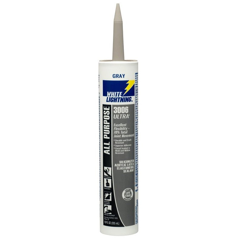 White Lightning W11004010 All Purpose Elastomeric Sealant, Gray, 5 to 7 days Curing, >40 deg F, 10 fl-oz, Cartridge (Pack of 12)