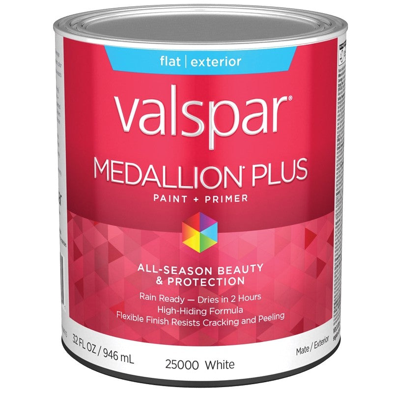 Valspar Medallion Plus 2500 028.0025000.005 Latex Paint, Acrylic Base, Flat Sheen, White Base, 1 qt, Plastic Can (Pack of 4)