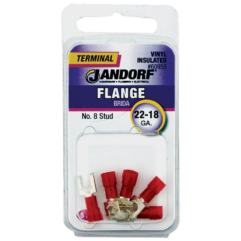 Jandorf 60955 Spade Terminal, 22 to 18 AWG Wire, #8 Stud, Vinyl Insulation, Copper Contact, Red