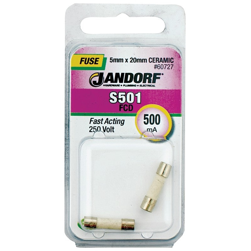 Jandorf 60727 Fast Acting Fuse, 0.46 Ohm, 500 mA, 250 V, 1500 A Interrupt, Ceramic Body, 5 mm Dia