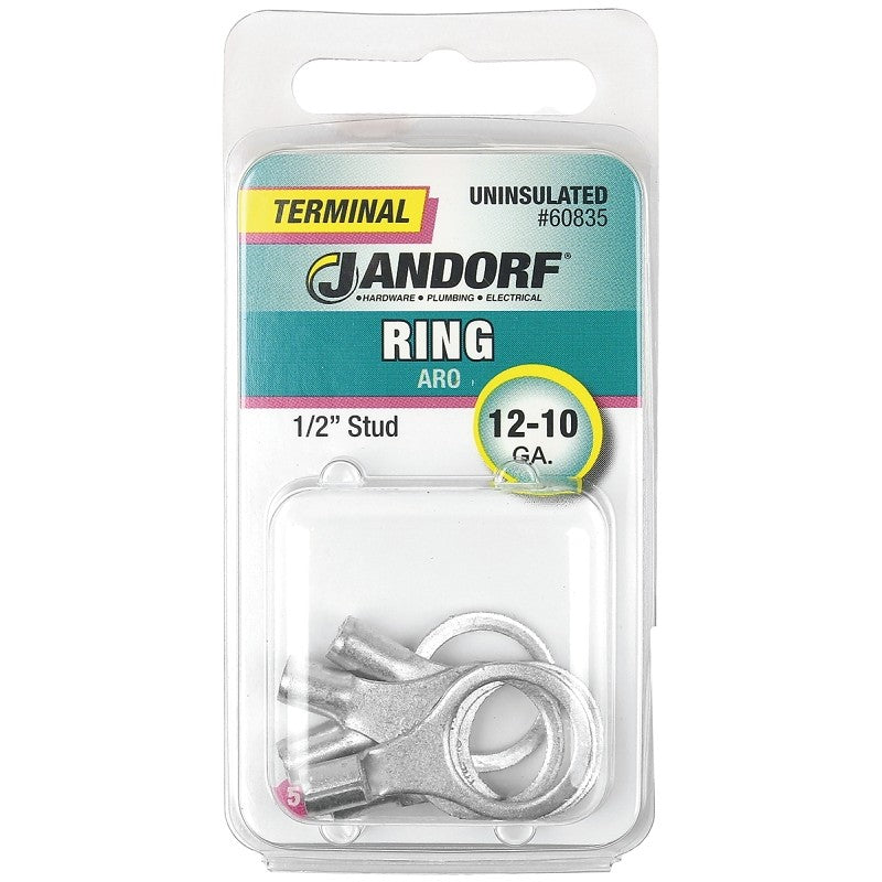 Jandorf 60835 Ring Terminal, 12 to 10 AWG Wire, 1/2 in Stud, Copper Contact