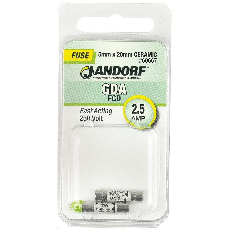 Jandorf 60667 Fast Acting Fuse, 0.05 Ohm, 2.5 A, 250 V, 1500 A Interrupt, Ceramic Body