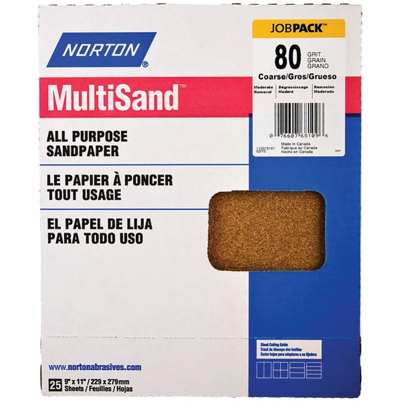 Norton MultiSand 07660768109 Sanding Sheet, Brown, 11 in L, 9 in W, Coarse, 80 Grit, Aluminum Oxide Abrasive