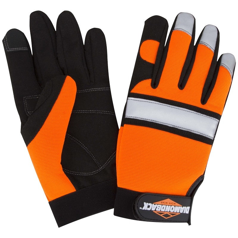 Diamondback 5959M Touchscreen Hi Visibility Mechanics Gloves, M, 55% Synthetic Leather 30% Spandex 10% Reflective Fabric 5% Elastic Band