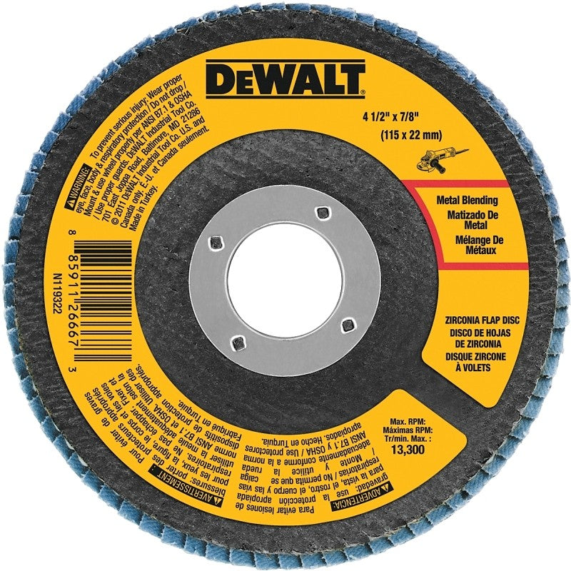 DEWALT DWA8207 Flap Disc, 4-1/2 in Dia, 7/8 in Arbor, Coated, 60 Grit, Medium, Zirconia Abrasive, Fiberglass Backing