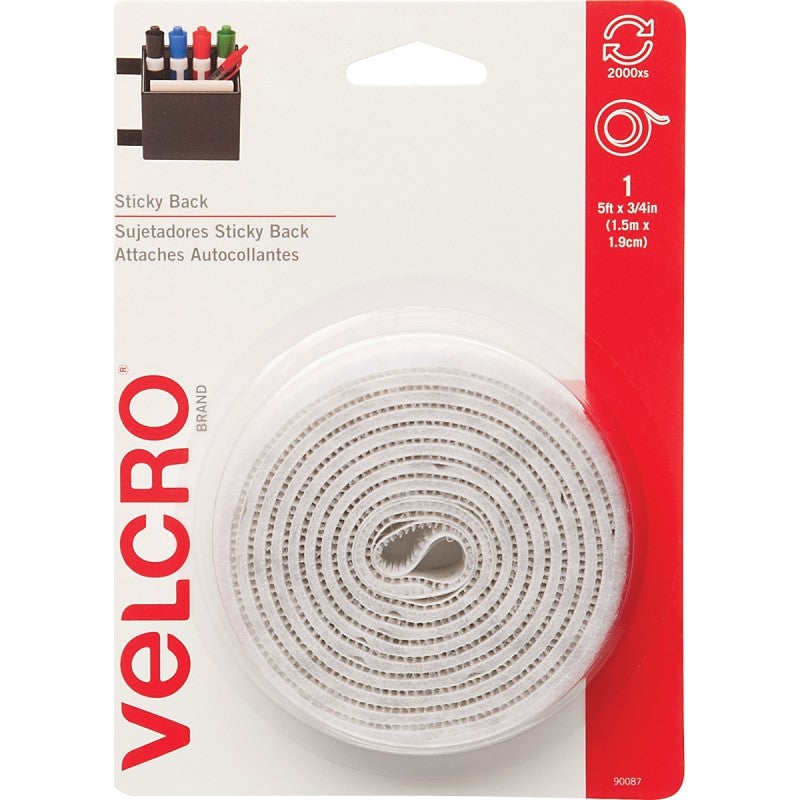 VELCRO Brand 90087 Fastener, 3/4 in W, 5 ft L, Nylon, White, 5 lb, Rubber Adhesive