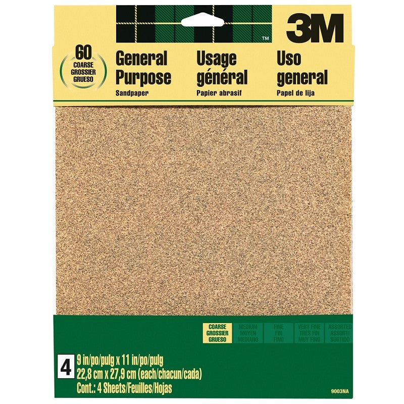 3M 9003 Sandpaper Sheet, 11 in L, 9 in W, Coarse, 60 Grit, Aluminum Oxide Abrasive, Paper Backing