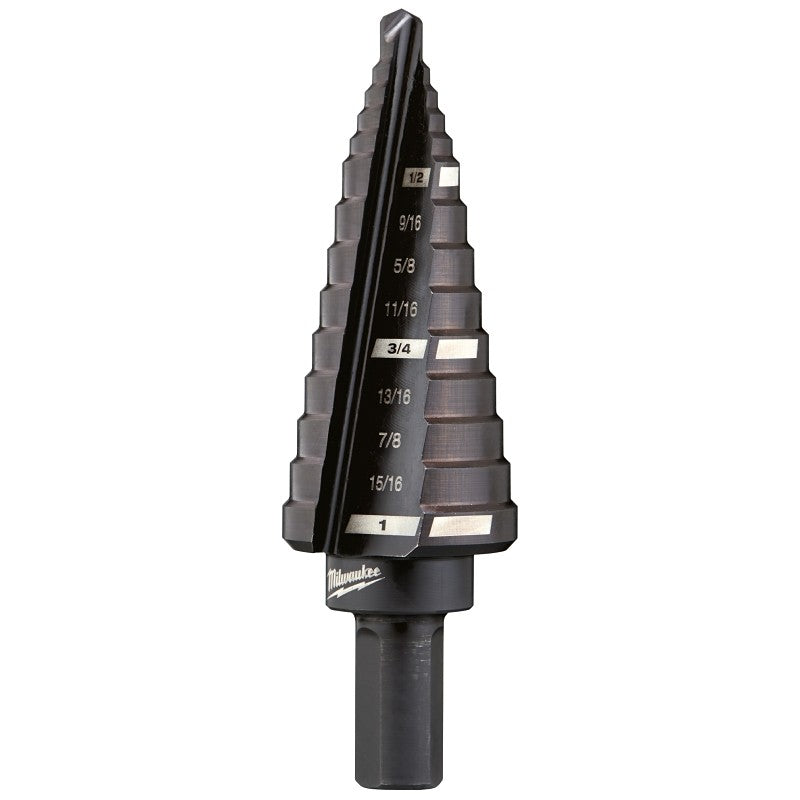 Milwaukee 48-89-9208 #8 Step Drill Bit, 1/2 to 1 in Dia, 3-17/64 in OAL, Straight Flute, 2-Flute, 3/8 in Dia Shank