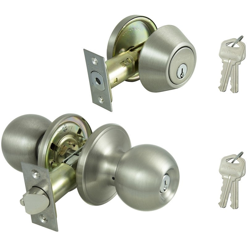 ProSource B3PB1-PS Deadbolt and Entry Lockset, Turnbutton Lock, Saturn Design, Satin Nickel, 3 Grade, Stainless Steel (Pack of 2)