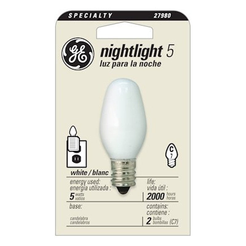 GE 27980 Night Light Bulb, 5 W, E12 Candelabra Lamp Base, C7 Lamp, White Light