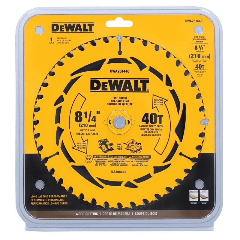 DEWALT DWA181440 Circular Saw Blade, 8-1/4 in Dia, 5/8 in Arbor, 40-Teeth, Applicable Materials: Wood